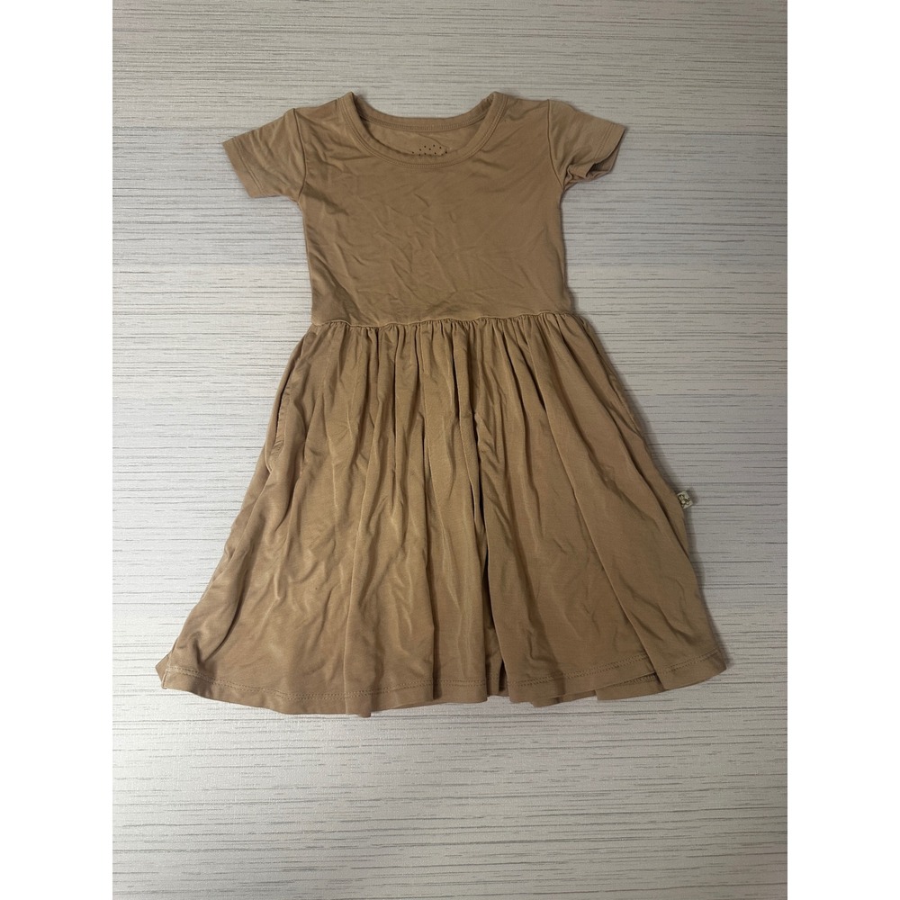 Monkeeroos Girls 2T Tan Bamboo Viscose Short Sleeve Twirl Dress with Pockets